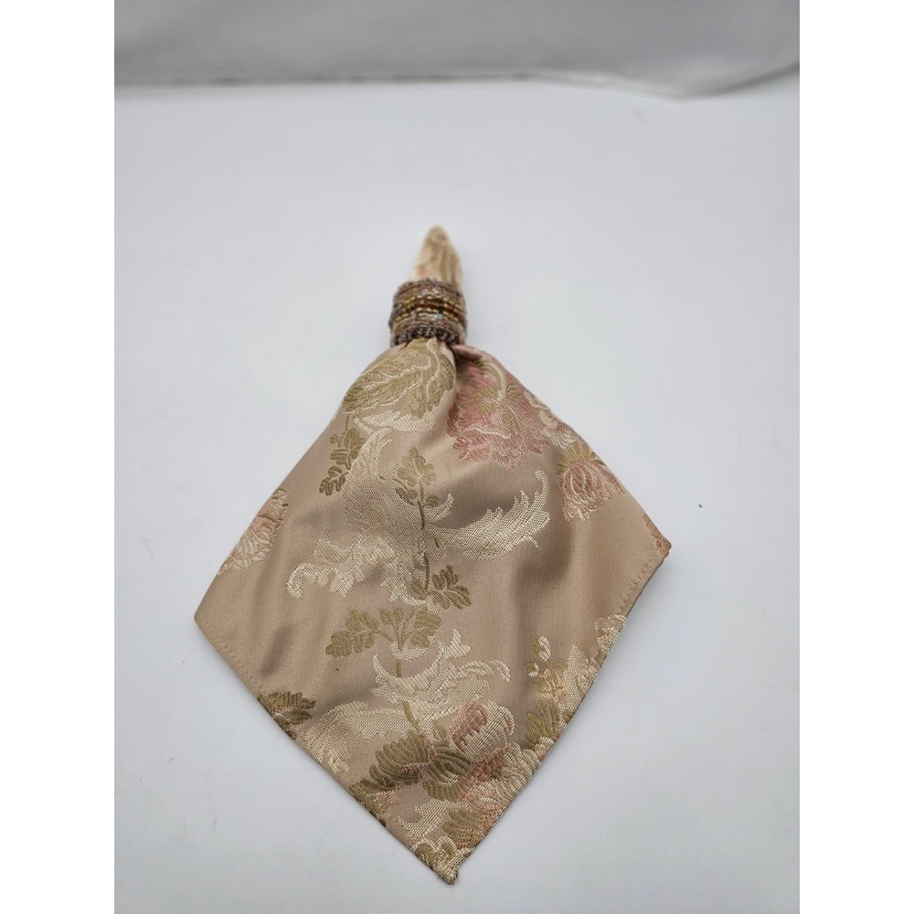 Vintage Dinner Napkin 4 Jacquard  Print Rings 4 Metal Round Beaded Iridescent - Picture 4 of 8
